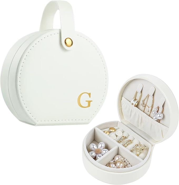 Travel Jewelry Case, Elegant Half-Moon Design with Golden Accents, Detachable Handle, White Personalized Accessory Organizer, Fashion-Forward Gift for Women and Teens(G)