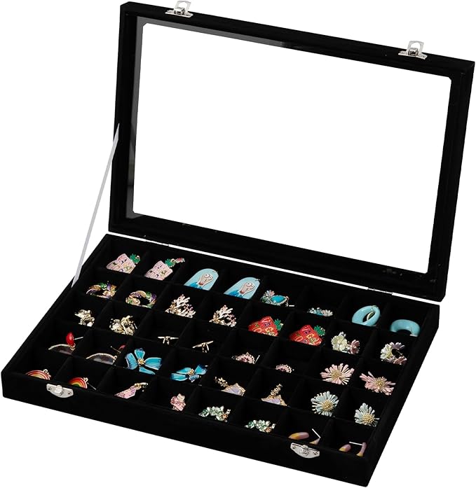 Frebeauty 40 Grid Jewelry Tray,Adjustable Earring Holder Organizer with Glass Lid,Velvet Drawer Jewelry Organizer for Rings,Studs,13.8 x 9.5 x 2 Inches Jewelry Display Box,Gift for Women(Black)