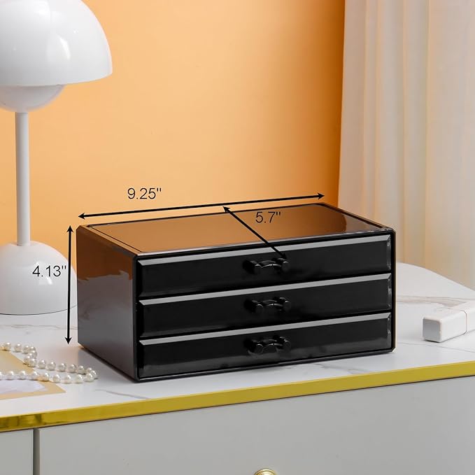 YUFONG Earring Organizer Box Acrylic Jewelry Organizer with 3 Drawers 54 Adjustable Grids Clear Stackable Earring Holder Velvet Trays Ring Display Case for Women Girls (Black Gray)