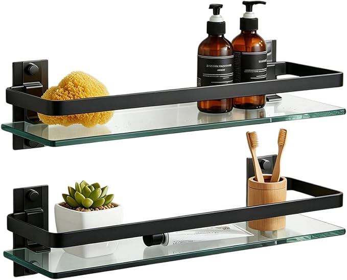 AIJALY 2 Pack Bathroom Glass Shelf, 15.7 Inches Black Bathroom Shower Glass Shelf Wall-Mounted, Metal Storage Floating Kitchen Shelf
