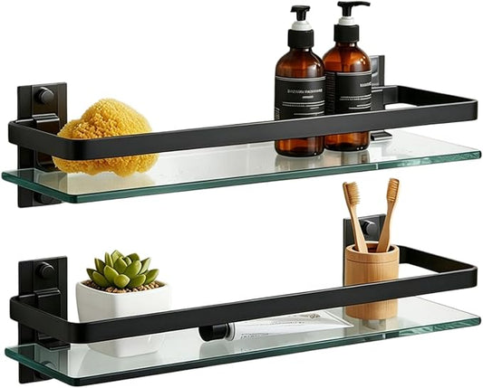 AIJALY 2 Pack Bathroom Glass Shelf, 15.7 Inches Black Bathroom Shower Glass Shelf Wall-Mounted, Metal Storage Floating Kitchen Shelf