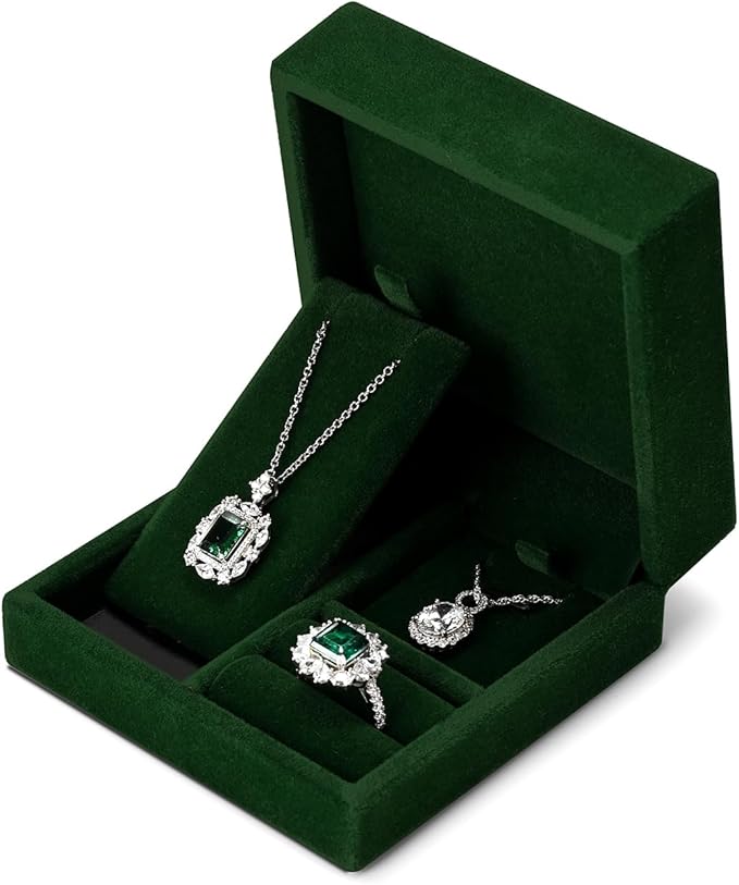 3 in 1 Velvet Jewelry Set Gift Box Earring Gift Box Ring Necklace Boxes Small Jewelry Storage Boxes for Travel Birthday Mother's Day Valentine's Day Gifts (Dark Green)