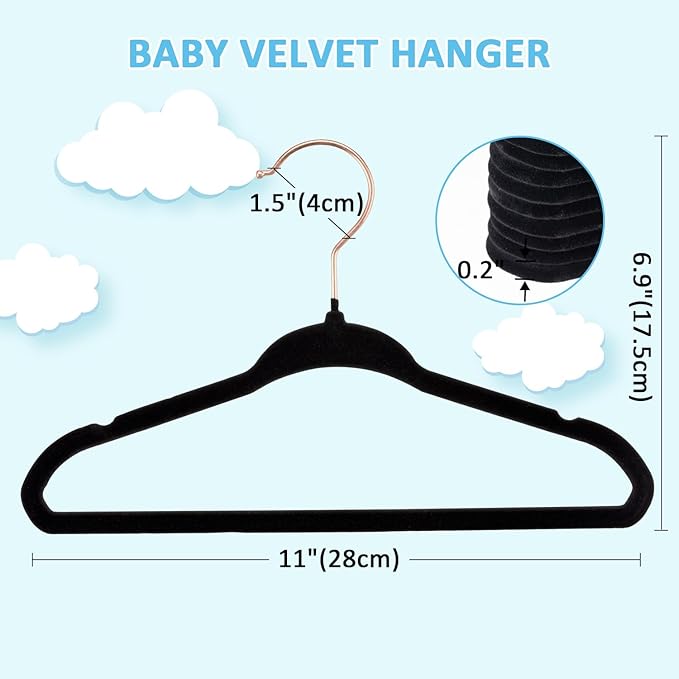 Tonswachic Velvet Baby Hangers 30 Pack - 11 Inch Premium Felt Non Slip Kids Hanger for Infant Toddler Clothes - 0.2" Ultra Thin Baby Clothes Hangers for Children's Closet with 10 Hanger Clips - Black