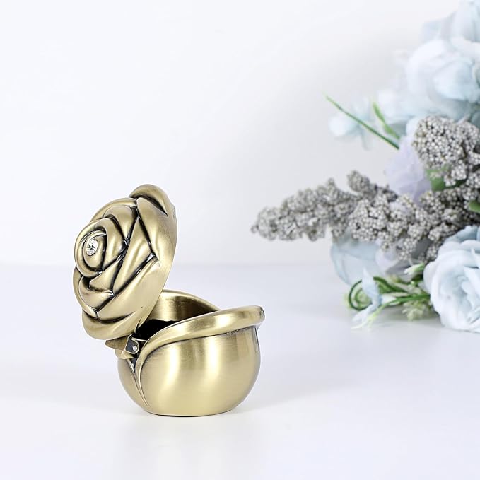 Hipiwe Small Vintage Jewelry Box, Rose Shape Ring Holder Treasure Chest Box for Women, Trinket Storage Case Keepsake Box for Rings Earrings Necklace, Bronze