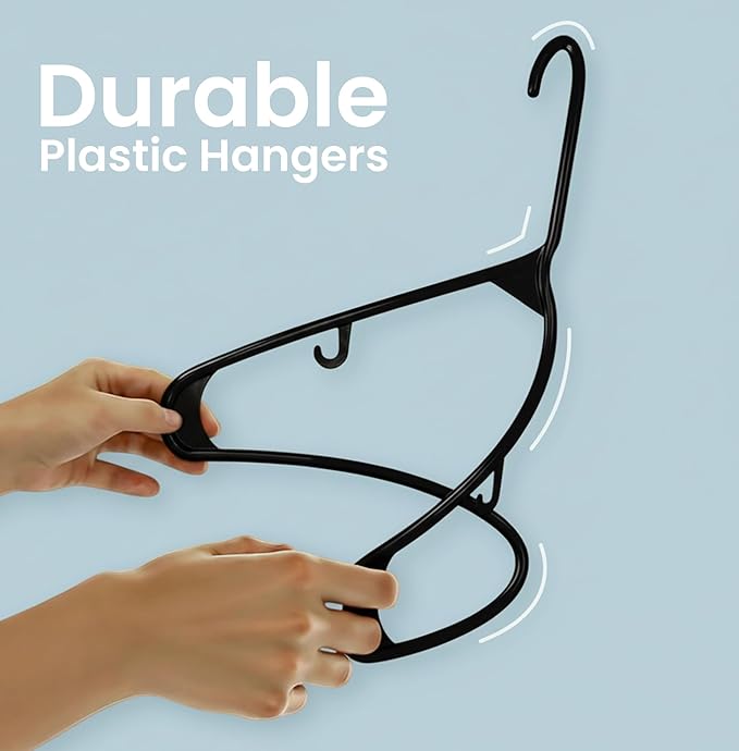 Utopia Home Plastic Hangers 100 Pack - Space Saving Clothes Hanger - Durable & Strong Closet Organizers and Storage with Built-in Strap Hooks - Essential for Shirts, Pants, Skirts & Coats (Black)