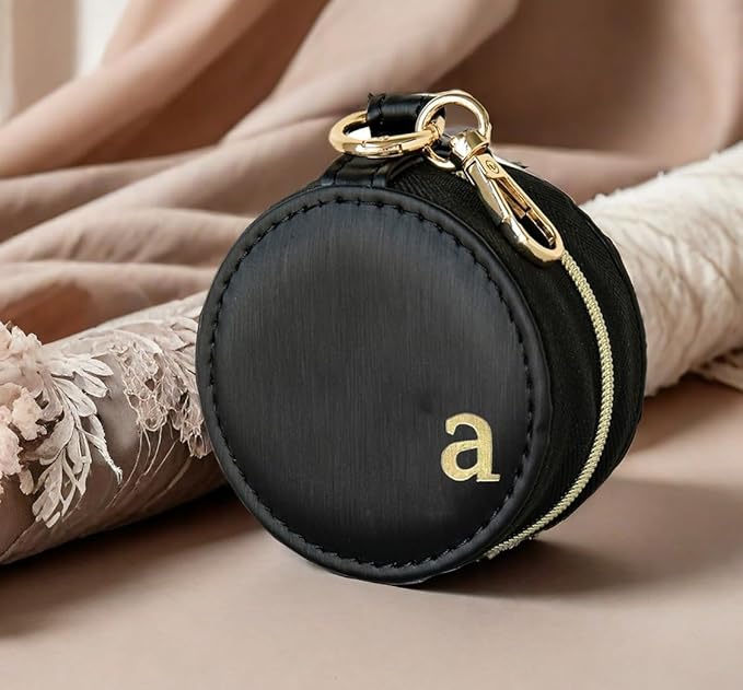 COLLECTIVE HOME - Monogrammed Letter Jewelry Case, Portable Travel Ring Holder Box with Keychain, Personalized Initial Organizer for Earrings Necklaces, Gift for Her (Black-a)