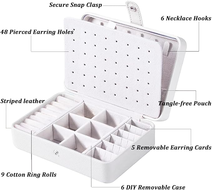 QBestry All-in-One Travel Jewelry Organizer for Women White | Small Jewelry Box with 68 Earring Holes | Compact Portable Jewelry Case for Earrings, Rings, Necklaces | Perfect Gifts for Mom Wife Girls