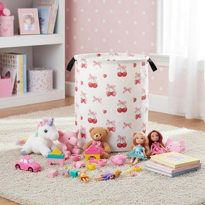 Baby Laundry Basket Baby Nursery Hamper Kids Laundry Basket Toy Storage Bin for Boys Room Decor Gift Baskets for Bedroom Bathroom(Cherry)