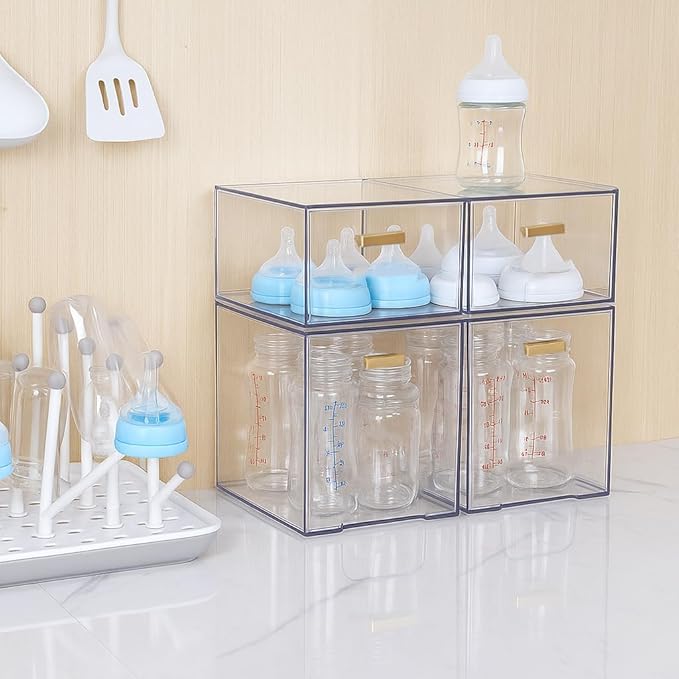 LALOBLUE Clear Stackable Drawer Organizer, 4 Pack Acrylic Storage Drawers with Pull-Out Design, Space-Saving Organizer for Bathroom, Vanity, Kitchen & Office