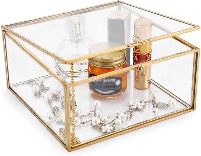 Hipiwe Vintage Glass Jewelry Organizer Box - Golden Metal Keepsake Box Desktop Jewelry Organizer Holder Wedding Birthday Gift Square Vanity Decorative Box for Dresser,6.3"x 6.3"x 3.35"