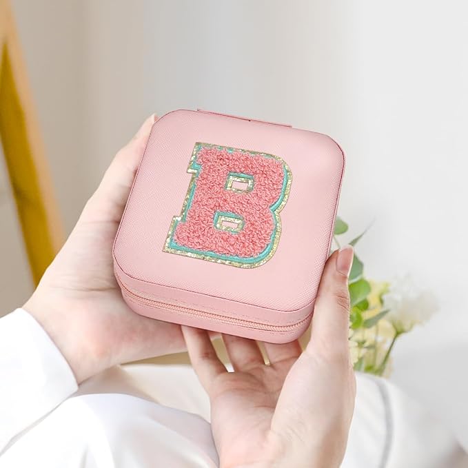 SANDJEST Personalized Jewelry Box, Pink Travel Jewelry Box with Initial B, Small Monogrammed Jewelry Case Organizer for Girls Women Teen Kids, Mini Travel Essentials Gifts for Birthday Christmas