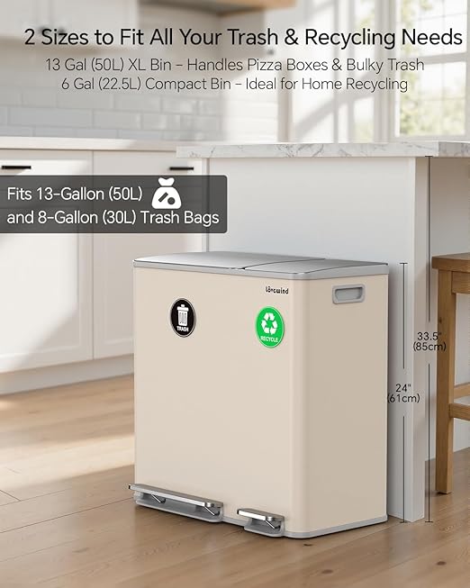 Lovewind Dual Trash and Recycling Bins for Kitchen, 13+6 Gallon Stainless Steel Garbage and Recycle Bin Combo for Large Families, Dual Trash Can with Soft Close Lid & Magnetic Stickers, Apricot
