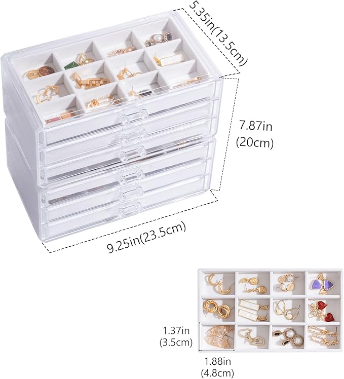 Lolalet Earring Holder Organizer Box Jewelry Storage with 6 Drawers, Clear Acrylic Stackable Earring Case with Adjustable Velvet Trays for Women on Dresser Vanity -Warmwhite, 6 Layers