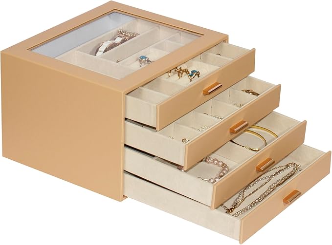 Jewelry Box with Glass Lid, 4-Layer Jewelry Organizer for Women Girls, PU Leather Display Case with 20-Grid Earring Tray & Movable Dividers for Necklaces Rings,Camel