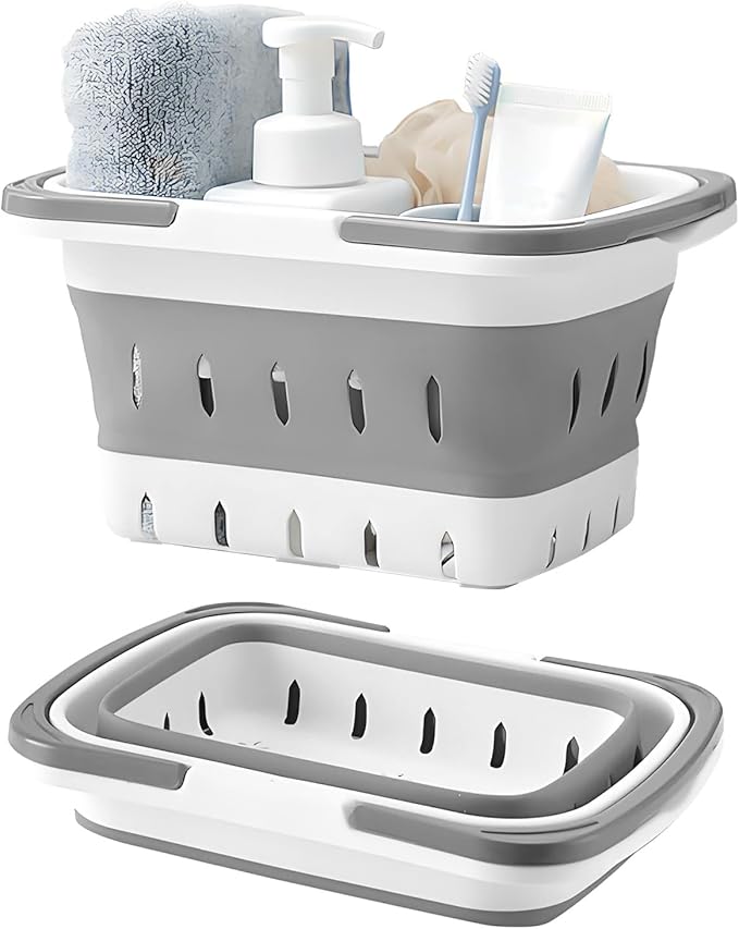 Fammart Portable Shower Caddy Tote – Collapsible Plastic Basket with Handles, Foldable Storage Organizer for Bathroom, Kitchen, College Dorm, Gym, Travel & Camping, Gray
