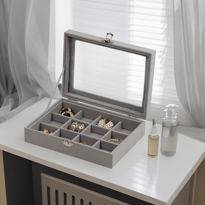 Fordonral Velvet Jewelry Organizer Box, Jewelry Drawer Organizers Trays, Earring Ring Necklace Holder Display Case (Gray, 12 Grid Box)
