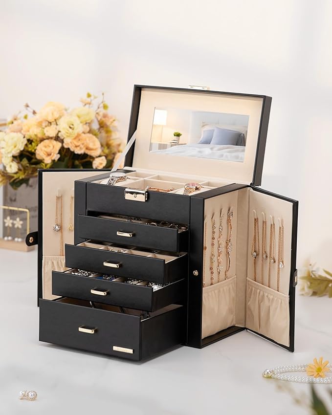 Homde Mothers Day Gifts Synthetic Leather Huge Jewelry Box Mirrored Watch Organizer Necklace Ring Earring Storage Lockable Gift Case (Black + Gold)