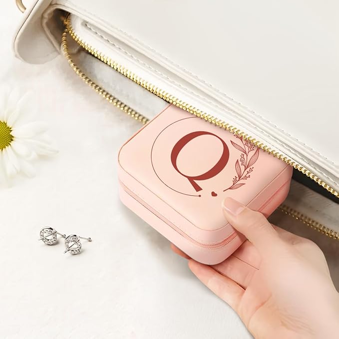 SANDJEST Personalized Jewelry Box, Pink Small Travel Jewelry Box with Initial Q, Monogrammed Jewelry Case Organizer for Girls Women Teen, Mini Travel Essentials Gifts for Christmas Birthday