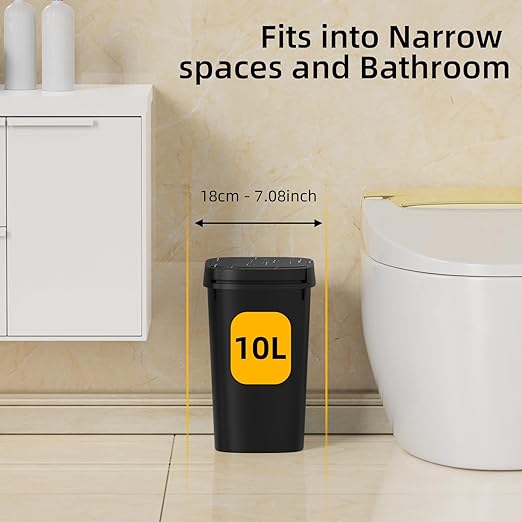 KSSKSS 3 Pack Bathroom Small Trash Can with Lid, 2.6 Gallon Slim Garbage Bin with Pop-Up Lid, 10L Plastic Wastebasket for Bedroom, Office, Kitchen, Toilet (Black)