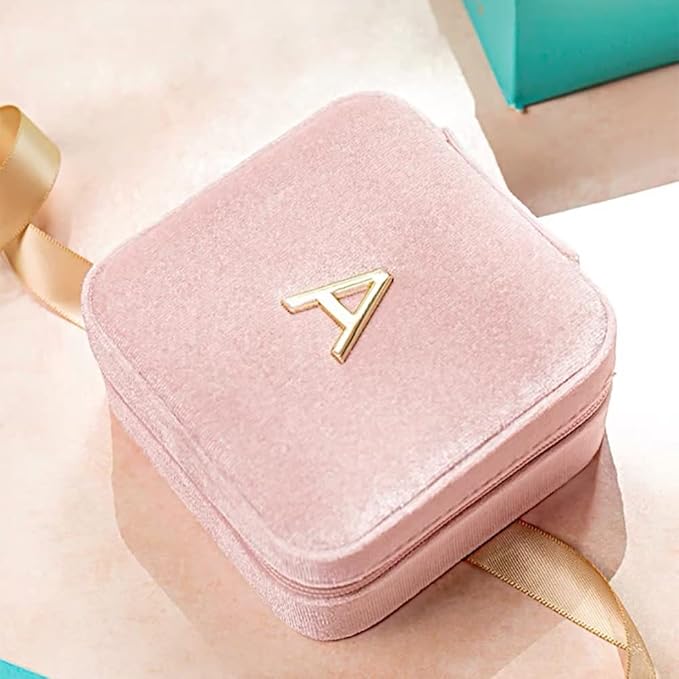 Vlando Small Travel Jewelry Box Organizer Display Case for Rings Earrings Necklaces Storage, Selected Soft Velvet, Letter A Engraved, Pink