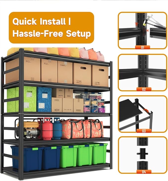 78''H×48''W Garage Shelving,5 Tier Heavy Duty Metal Garage Storage Shelves, Metal Shelving, 3000 lbs Adjustable Standing Shelf and Double-Layer Posts for Garage,Warehouse,Basement Black