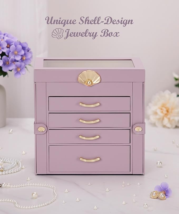 Enthralite Jewelry Box with 4 Drawers : Jewelry Display Organizer for Earrings Necklaces - Gift for Girls Women | Grey Purple