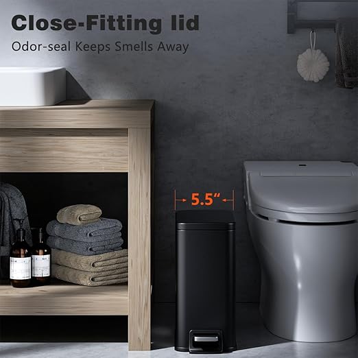 Bathroom Trash Can with Lid Slim 1.6 Gallon Stainless Steel Garbage Can with Removable Inner Bucket Soft Close Lid Durable Step Pedal Trash Bins for Toilet Bedroom Office (Matte Black, 1.6 Gallon)