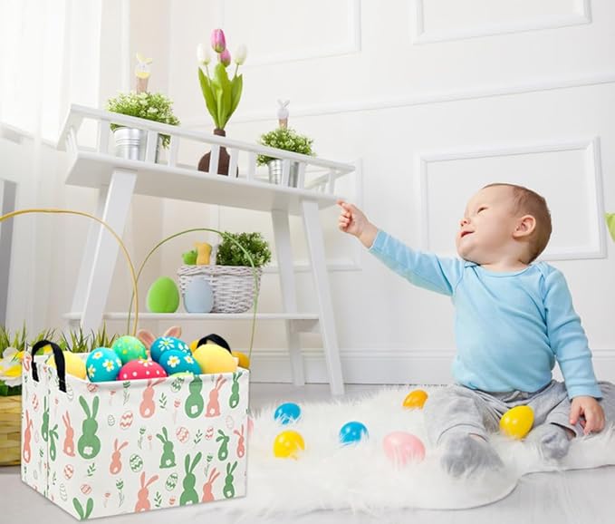 Easter Baskets for Kids Gift Bunny Basket Empty for Boys and Girls Rectangular Toy Storage Bins Organizer Bin Box Cute Egg Room Decor for Home(Easter Bunny)