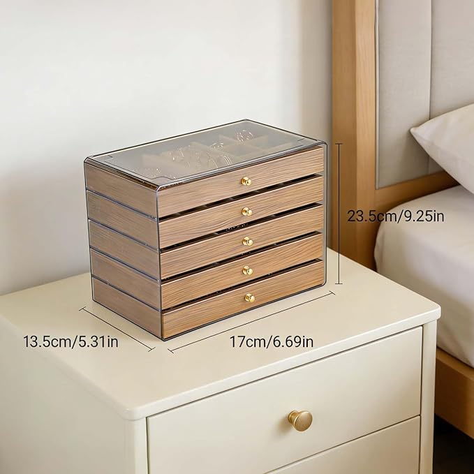 Wooden Jewelry Box Organizers and Storage for Girls Women 5 Drawers Multi-Layer Storage Case for Rings Earrings Necklaces Bracelets Vintage Box