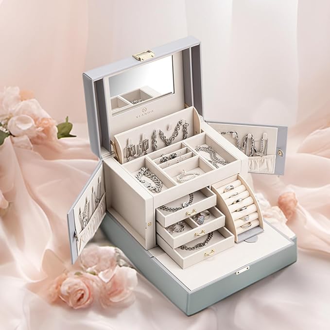 Vlando Mirrored Jewelry Box Organizer, Leather Jewelry Storage Case, Necklaces Earrings Rings Brackets Box Holder, Light Gray