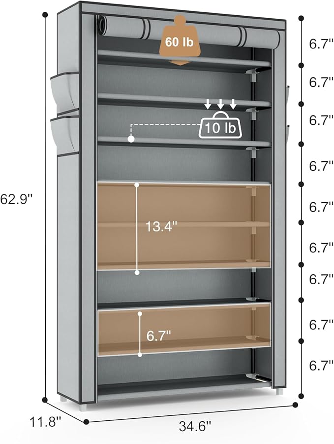 VILICK Shoe Rack with Cover Narrow Shoe Organizer with Pockets 10 Tier Tall Shoe Storage Holds 36-41 Pairs Shoes and Boots Shoe Rack for Closet Entryway Garage, Grey