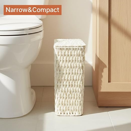 Coeusy 3 Gallon Paper Rope Bathroom Trash Can,Small Wicker Trash Cans with Lid and Liner,Woven Rattan Narrow Waste Basket for Bedroom,Office,White