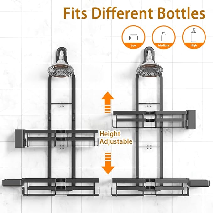 Over the Shower Head Caddy for Handheld Showerhead - Rustproof Hanging Shower Organizer, No Drill 2-Tier Bathroom Storage Shelf with Soap Holder, Black