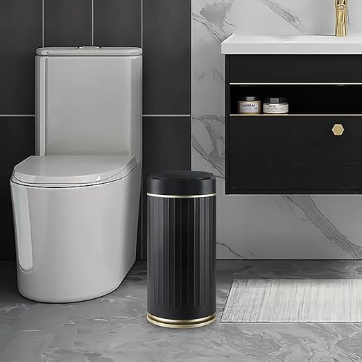 SYNCVIBE Bathroom Sensor Trash Can with Lid Automatic 2 Gallon Small Sensor Garbage Bin, 7.5 Liter Motion Sensor Smart Rubbish Bin Bathroom Decor, Slim Waterproof Plastic Garbage Can, Black Gold