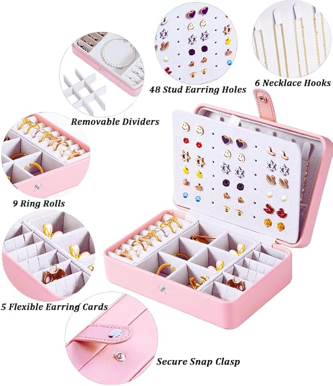 QBestry All-in-One Travel Jewelry Organizer for Women Pink | Small Jewelry Box with 68 Earring Holes | Compact Portable Jewelry Case for Earrings, Rings, Necklaces | Perfect Gifts for Mom Wife Girls