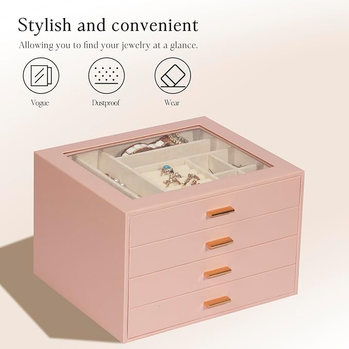 Jewelry Box with Glass Lid, 4-Layer Jewelry Organizer for Women Girls, PU Leather Display Case with 20-Grid Earring Tray & Movable Dividers for Necklaces Rings,Pink