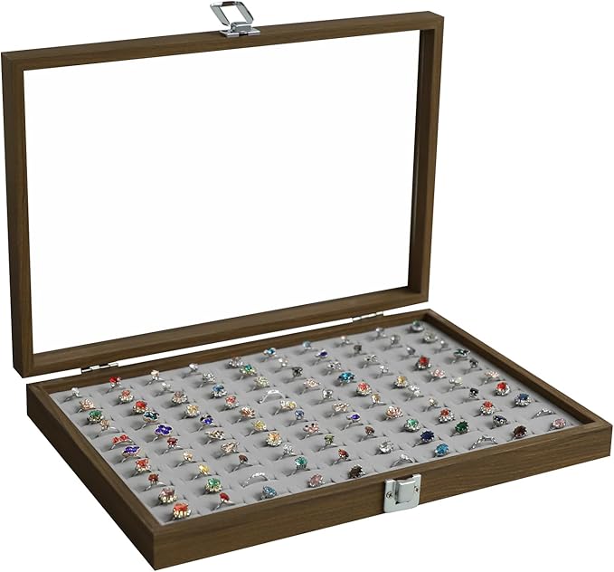 Stratalife Ring Organizer Wood Jewelry Box Ring Holder 100 Slot Jewelry Case Vintage Storage Display Tray for Multiple Rings