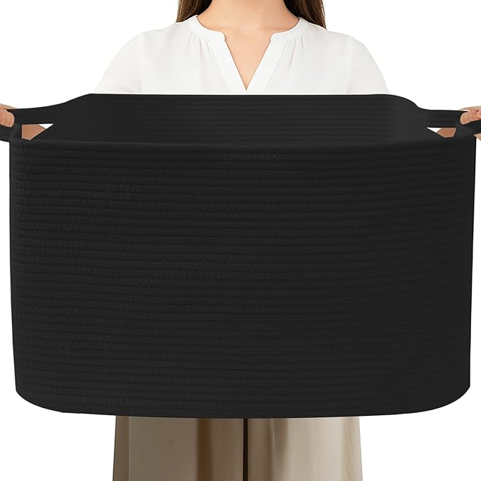 Large Blanket Basket,Woven Rope Basket Storage Bin with Handles,65L Rectangle Laundry Basket for Magazines,Toys,Clothes,Newspaper Shelf Organization,Nursery and Living Room,Black