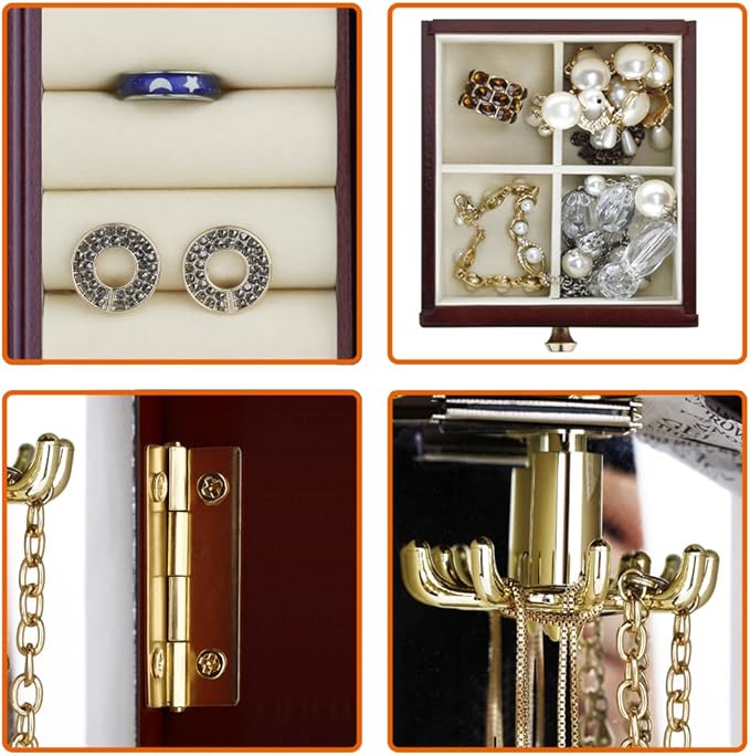 RR ROUND RICH DESIGN Jewelry Box - Made of Solid Wood with Cabinet Type 5 Drawers Organizer and 2 Separated Open Doors on 2 Sides and Large Mirror Brown