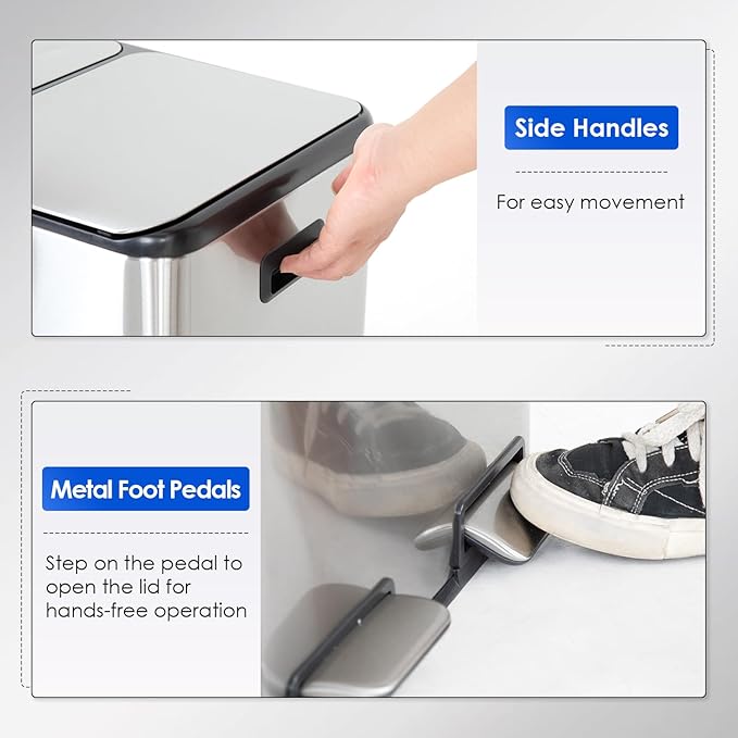 FDW Trash Can, 60 Liter (2x30L) 16 Gallon Stainless Steel Step Can, Rectangular Trash Can with Inner Buckets and Hinged Lids, Suitable for Kitchen Office Home Use,Silver
