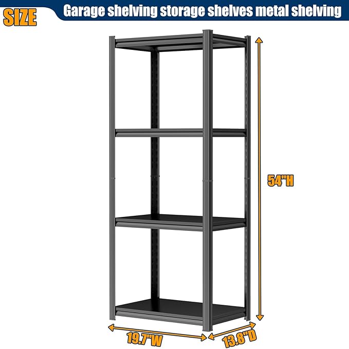 PRESTELION 54" H Storage Shelves 4-Tier Metal Shelf Garage Shelving Unit Adjustable Storage Rack for Basement, Warehouse, Pantry, Closet, Kitchen 54" H x 19.7" W x 13.8" D, Black