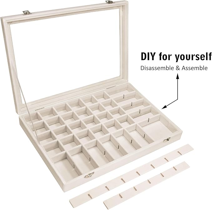 Siveit Velvet Jewelry Tray 48 Grid Jewelry Display Tray Organizer Box with Transparent Lid Rings Earrings Necklaces Pendants Display Box Suitable for Women and Girls (Beige)