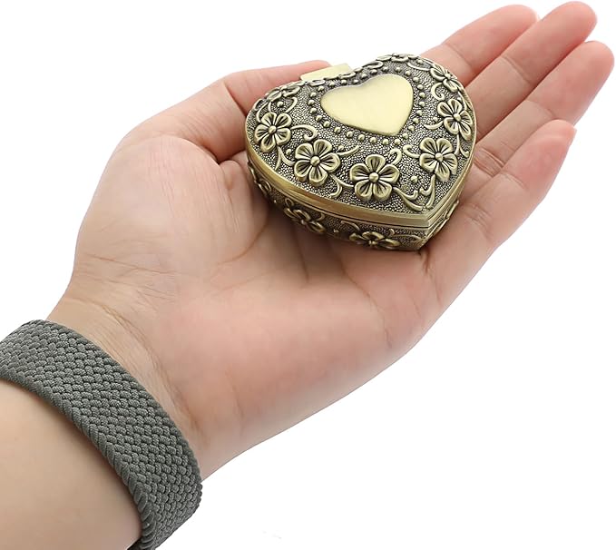 Hipiwe Vintage Heart Shape Jewelry Box - Small Antique Ring/Earrings/Necklace Storage Organizer Case, Metal Treasure Chest Trinket Keepsake Gift Box for Women,Bronze