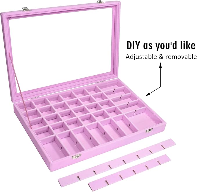 Siveit Velvet Jewelry Tray 48 Grid Jewelry Display Tray Organizer Box with Transparent Lid Rings Earrings Necklaces Pendants Display Box Suitable for Women and Girls (Pink)