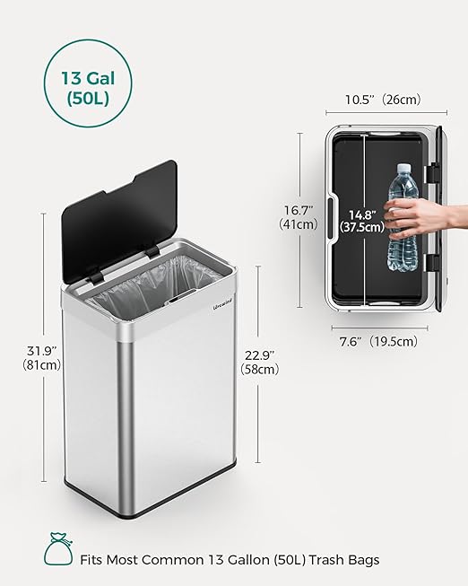 Kitchen Trash Can Touchless, 13 Gallon/50 L Stainless Steel Automatic Motion Sensor Trash Can, Type-C Rechargeable Garbage Can with Lid, Silent Close, Touchless Trash Bin for Home Kitchen, Silver