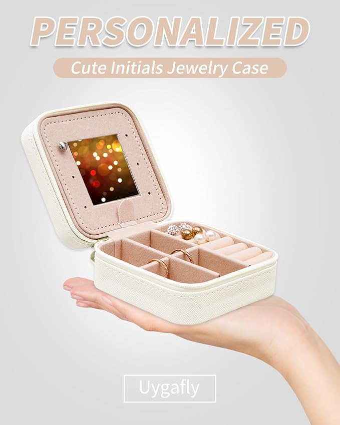 Uygafly Personalized Jewelry Case for Women Girls - Fashion Mini Jewelry Boxes - Trendy Travel Jewelry Organizer with Initials Letter - Teen Gifts | Cream,F