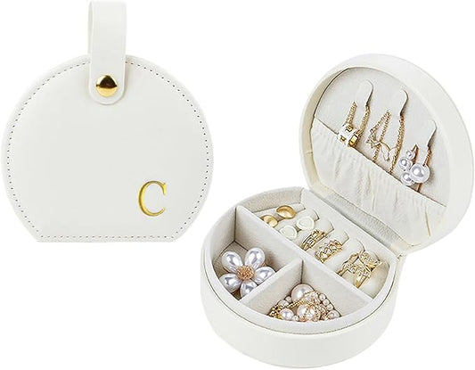 Travel Jewelry Case,Personalized Jewelry Box,Elegant Half-Moon Design with Personalized Golden Initial Case,Personalized Gifts for Women,Jewelry organizer;Personalized Gifts for Women or Friends(C)