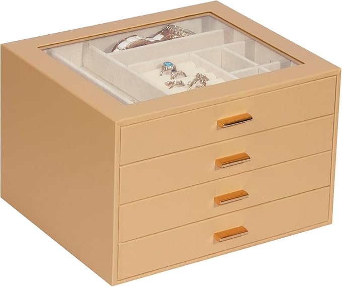 Jewelry Box with Glass Lid, 4-Layer Jewelry Organizer for Women Girls, PU Leather Display Case with 20-Grid Earring Tray & Movable Dividers for Necklaces Rings,Camel