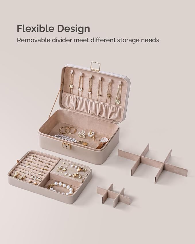 Jewelry Box, 2-Layer Jewelry Holder Organizer with Lock, Removable Jewelry Tray for Earrings Necklaces Bracelets, Light Taupe