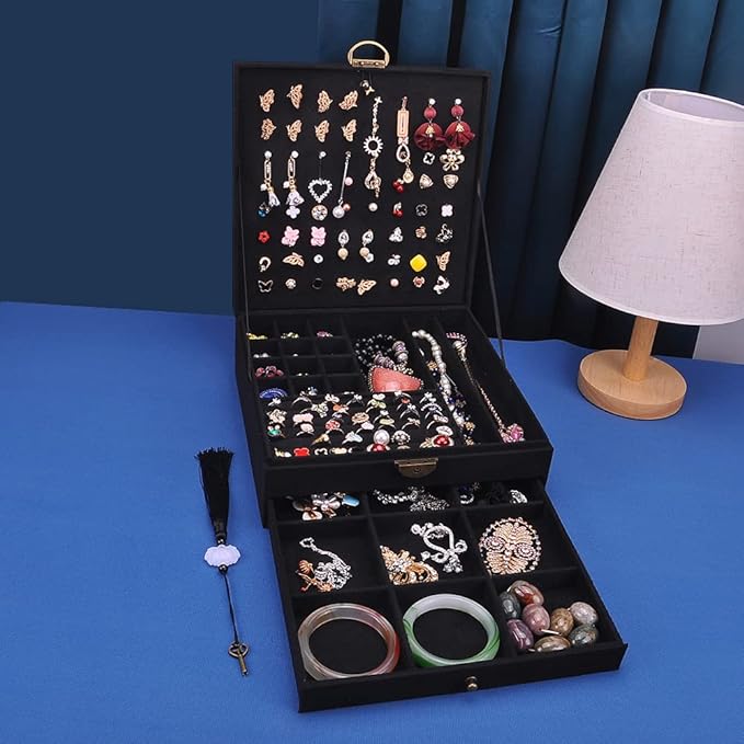 Women Jewelry Box Lockable 3 Layers Large Jewelry Organizer Storage Case for Earrings Necklaces Rings Bracelets,Green Display Jewel Holder (Black)